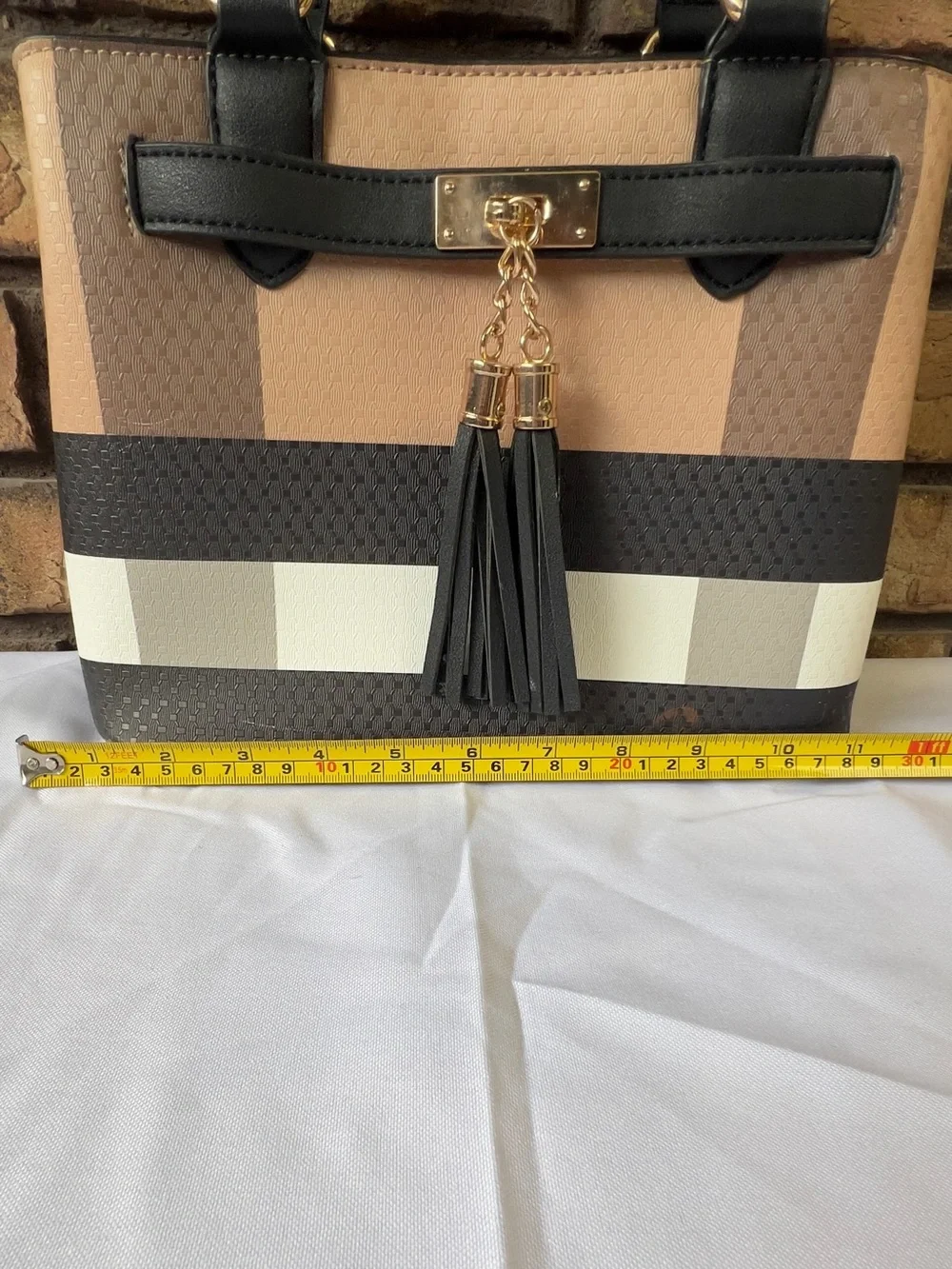 Striped Tan & Black Women's Satchel with Matching Wallet